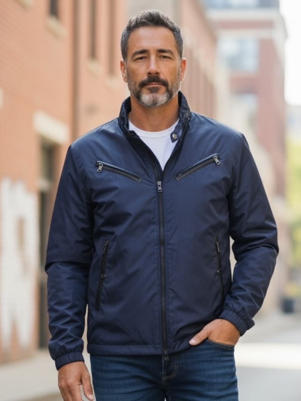 NWT MEN Sz XL SEDUKA Nylon Windbreaker Jacket Asymm MULTI ZIP POCKETS NAVY BLUE!